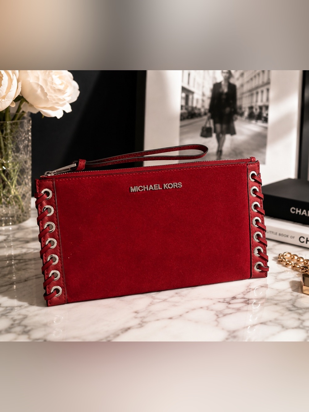 Michael Kors Medium Grommet Suede Leather Wristlet Red Clutch